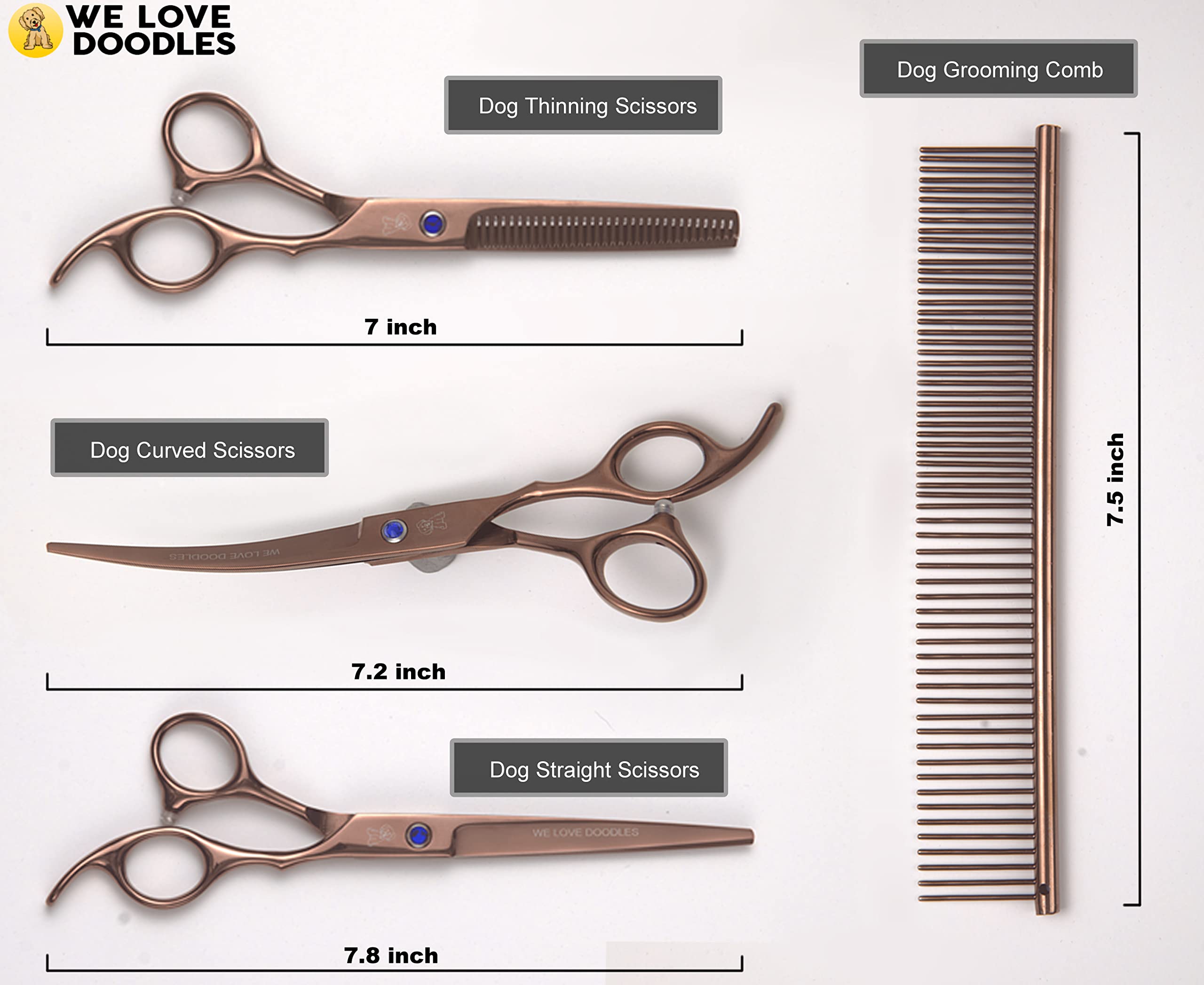 Dog Grooming Scissors Kit, 4 Pieces, Curved, Straight & Thinning Shears Set