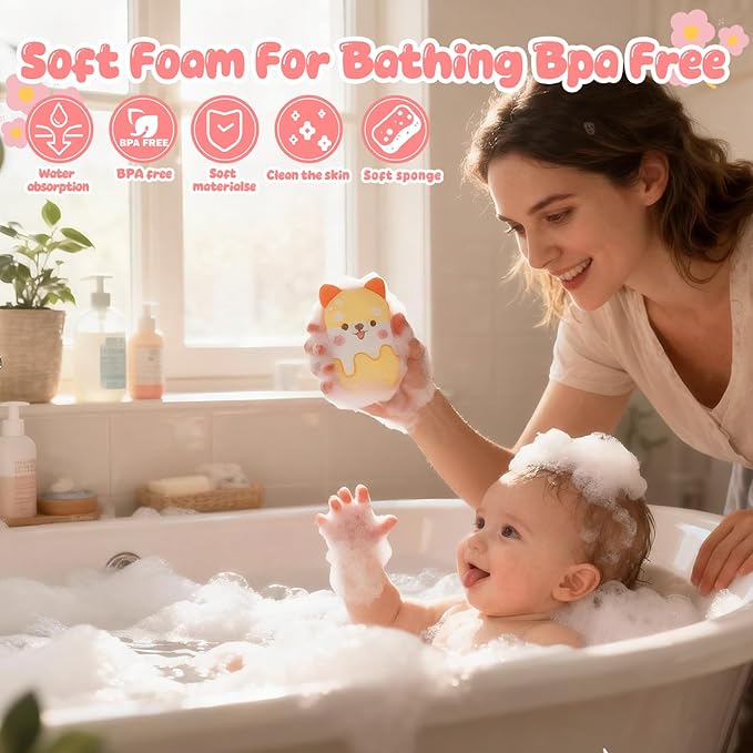 Baby and Kids Bath Loofah Sponge, Soft and Absorbent Toddler Exfoliating Body Scrubber Shower Loofa Sponge,Cute Pattern Design for Kids Baby Women Boys and Girl, 3 Pack (Bear/Dog/Chick)
