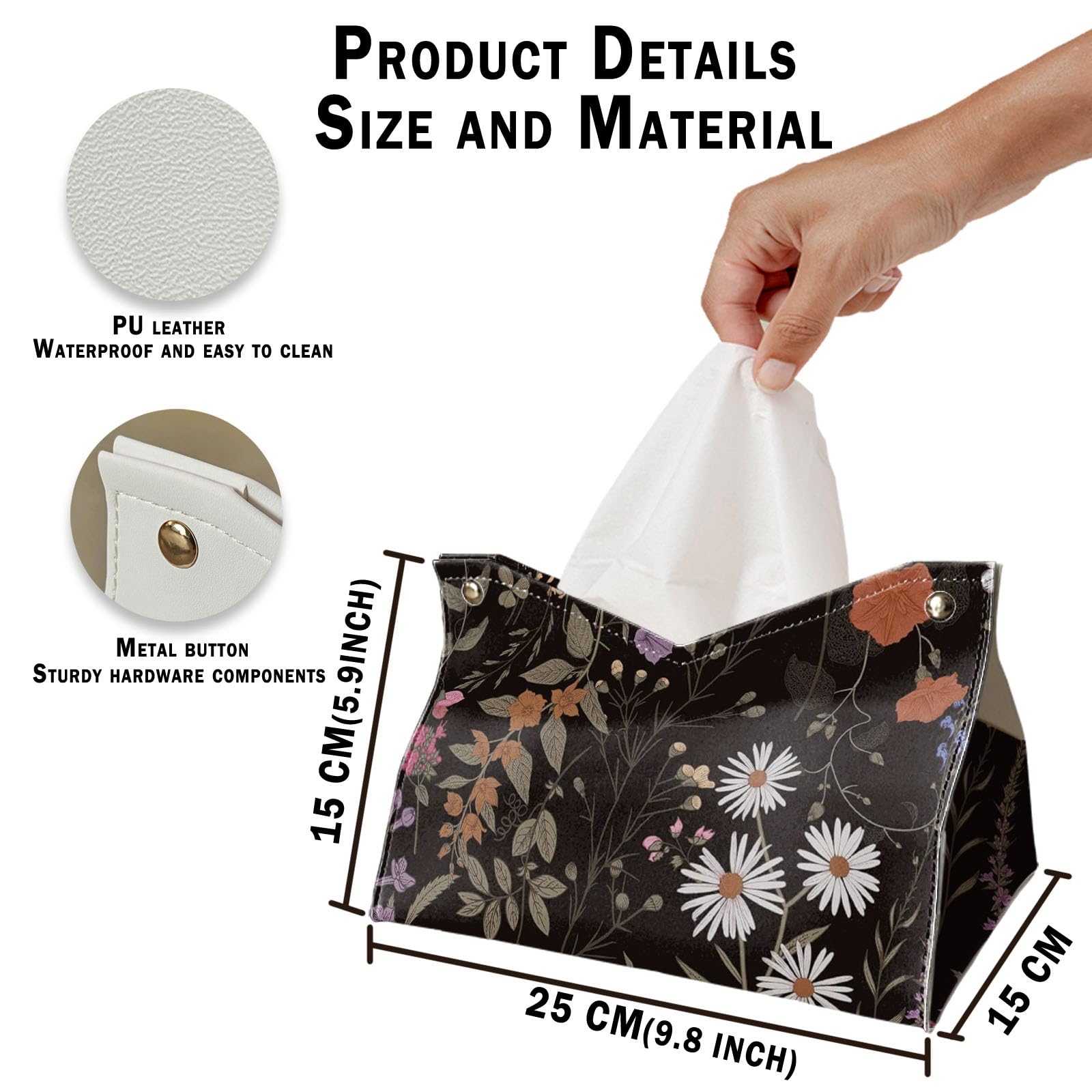 Black Flroal Rectangle Tissue Box Cover Holder 9.8x5.9x5.9