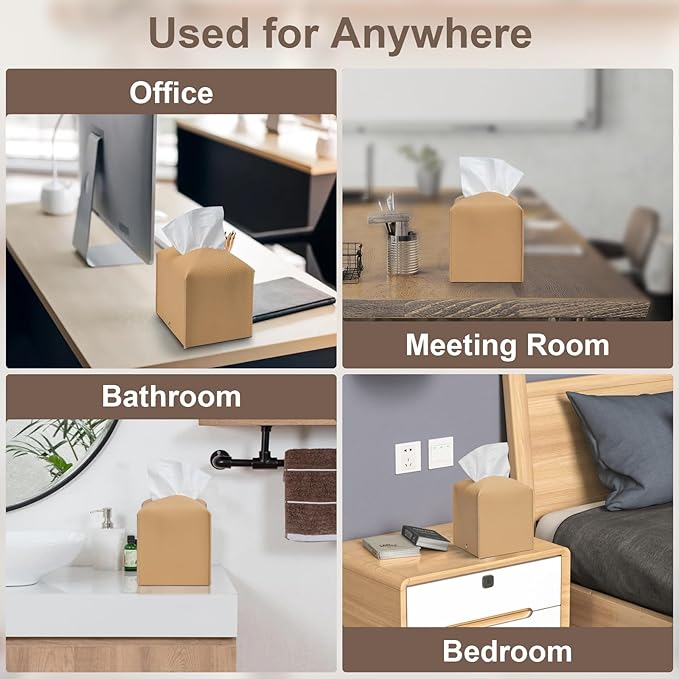Aisoso 2 Pcs Square Cream Tissue Box Cover PU Leather Decorative Tissue Organizer Dispenser Holder for Bathroom, Desk, Home, Car, Office, 5.12" X 5.12" X 5.12"