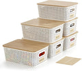 Bagnizer Small Plastic Storage Bins with Bamboo Lids 5.2qt Stackable Box Basket Pantry Decorative Containers Cute with Labels for Organizing Desktop Closet Office Cream White of 6 packs 10*7.2*4.1"