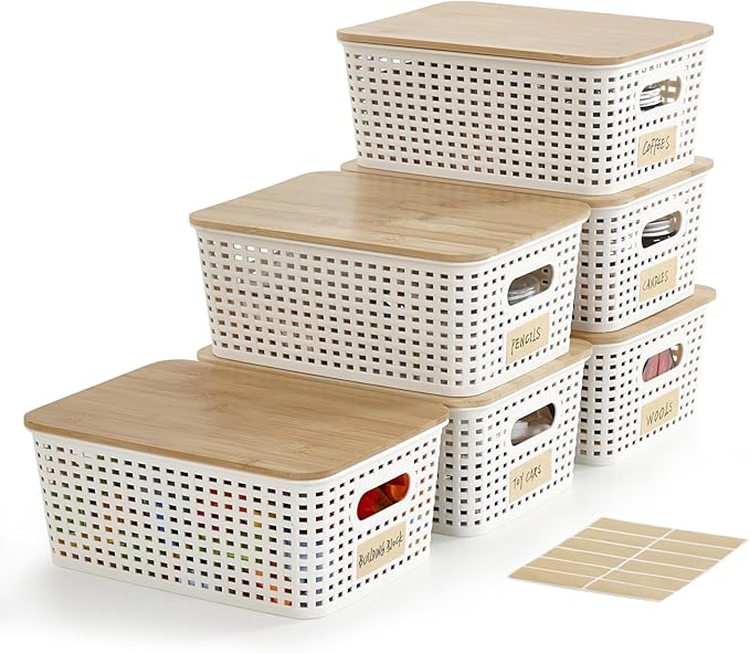 Bagnizer Small Plastic Storage Bins with Bamboo Lids 5.2qt Stackable Box Basket Pantry Decorative Containers Cute with Labels for Organizing Desktop Closet Office Cream White of 6 packs 10*7.2*4.1"