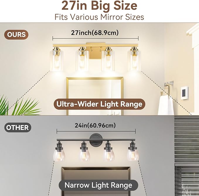 4-Light Bathroom Light Fixtures, 27" Modern Vanity Lights Over Mirror with Clear Glass Shades, Brushed Gold Vanity Lights, Classic Wall Lamp for Mirror Living Room Cabinet Bedroom Porch Kitchen