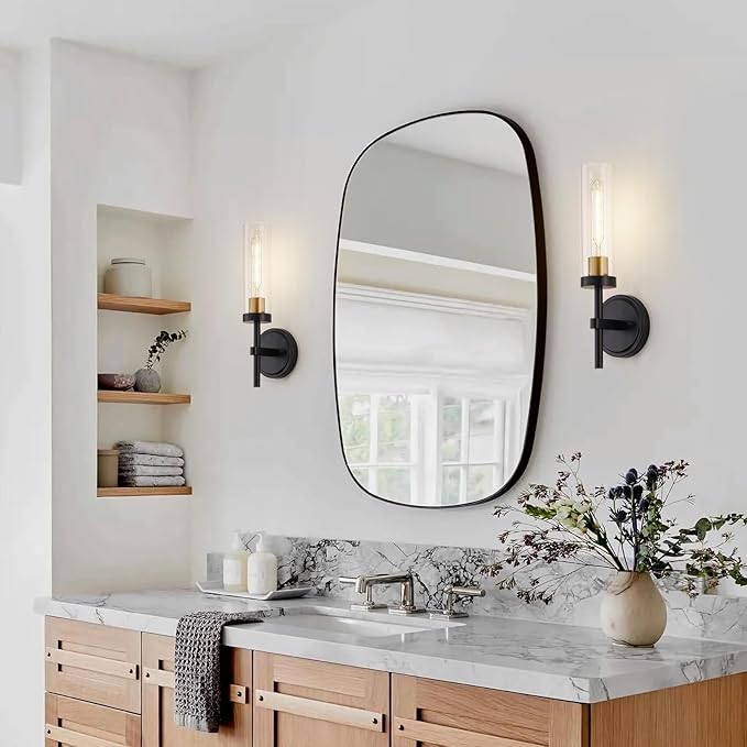 Hardwired Wall Sconces Set of Two, Bathroom Vanity Sconces Wall Lighting with Clear Glass Shade, Black and Gold Modern Farmhouse Wall Mount Lights for Mirror Bedroom Living Room Hallway Entryway