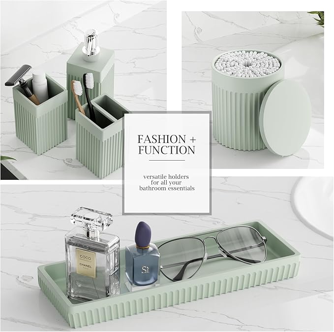 InnJoey Bathroom Accessories Set, 6-Piece Resin Green Bathroom Set with Toothbrush Holders, Soap Dispenser, Vanity Tray, Tumbler, Cotton Swab Jars, Modern Bathroom Organizer for Small Spaces