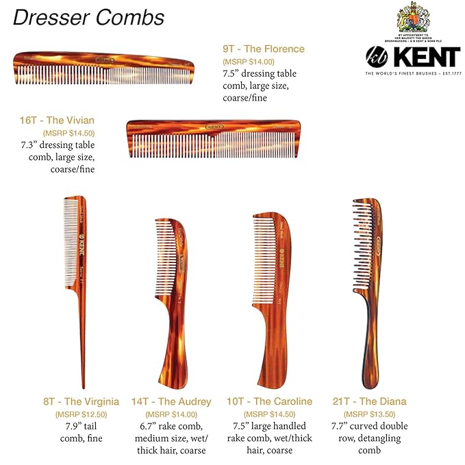 Kent 14T Tortoise Large Detangling Comb, Wide Teeth for Long Thick Curly Wavy Hair. Hair Detangler Comb For Wet and Dry. Saw-Cut from Cellulose and Hand Polished, Handmade in England