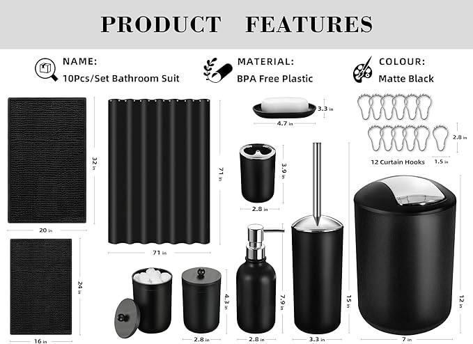 ALPIRIRAL Black Bathroom Accessories Set, 22Pcs Bathroom Sets with Shower Curtain and Rugs, Bathroom Accessories Sets Complete with Trash Can, Non-Slip Bathroom Rugs Super Absorbent