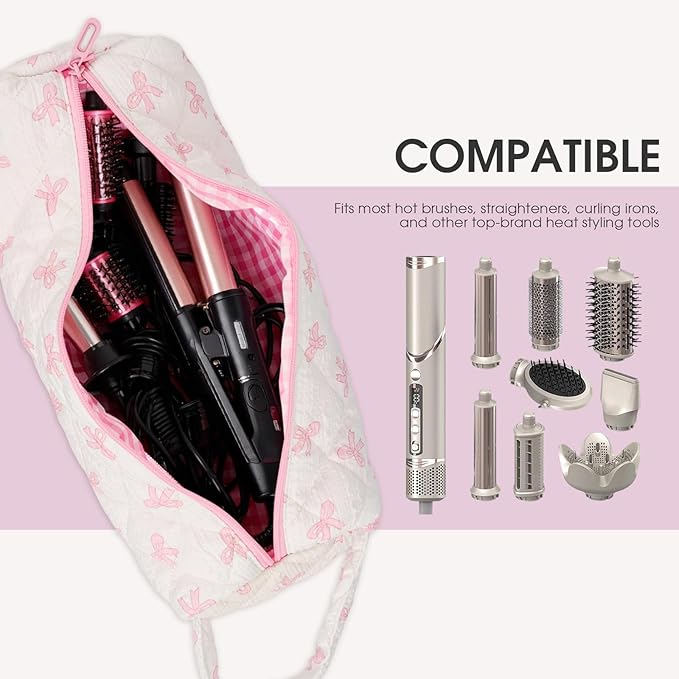 Hair Tools Travel Bag, Cute Compact Case Compatible with Dyson Airwrap & Shark Flexstyle, Curling Iron & Flat Iron Storage Organizer, 14" Portable Hair Accessories Bag (Pink)