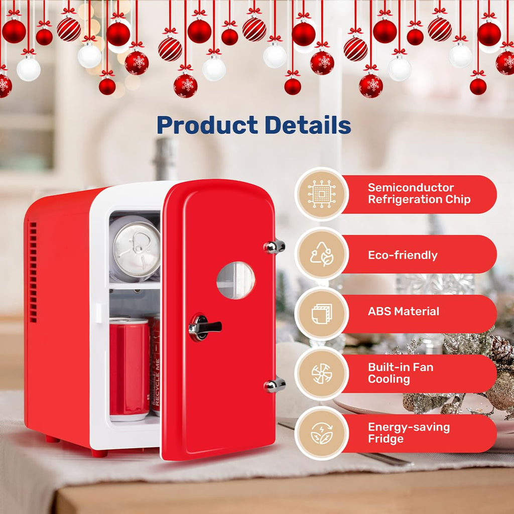 HealSmart 4L Mini Fridge with Observation Window, 6 Can Capacity, Freon-Free and Portable Cooler and Warmer, Cosmetics/Food/Beverage, Red New