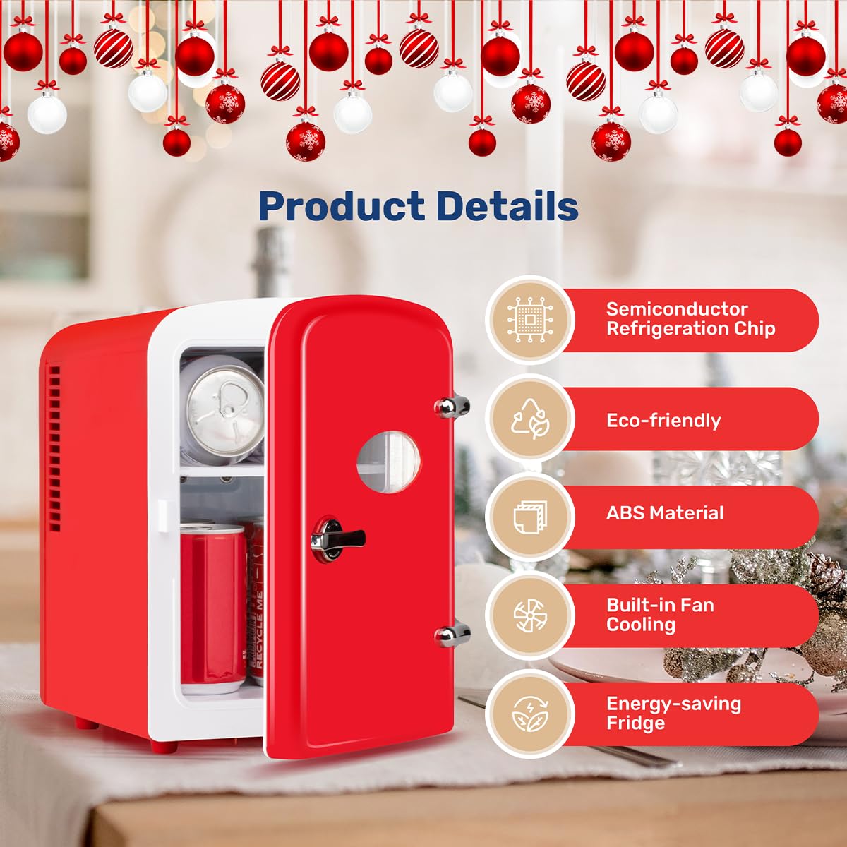 HealSmart 4L Mini Fridge with Observation Window, 6 Can Capacity, Freon-Free and Portable Cooler and Warmer, Cosmetics/Food/Beverage, Red New