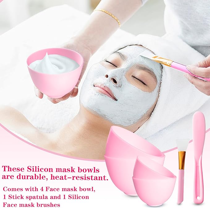 Bigwinyep 4Pcs Silicone Facial Mask Bowl DIY Face Mask Mixing Bowl for for Home Salon Spa Face Skin Applicator Bowl, Pink