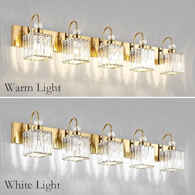 Ralbay Gold Crystal 5-Light Bathroom Vanity Lights Over Mirror Modern Crystal Gold Bathroom Vanity Lighting