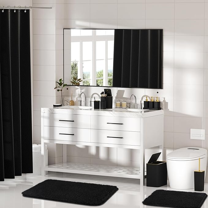 InnJoey Bathroom Accessory Set - Bathroom Set, 27PC Bathroom Accessories Set, Black Bathroom Sets with Shower Curtain and Rugs, Mini Trash Can, Toilet Brush, Trash Can & Soap Dispenser