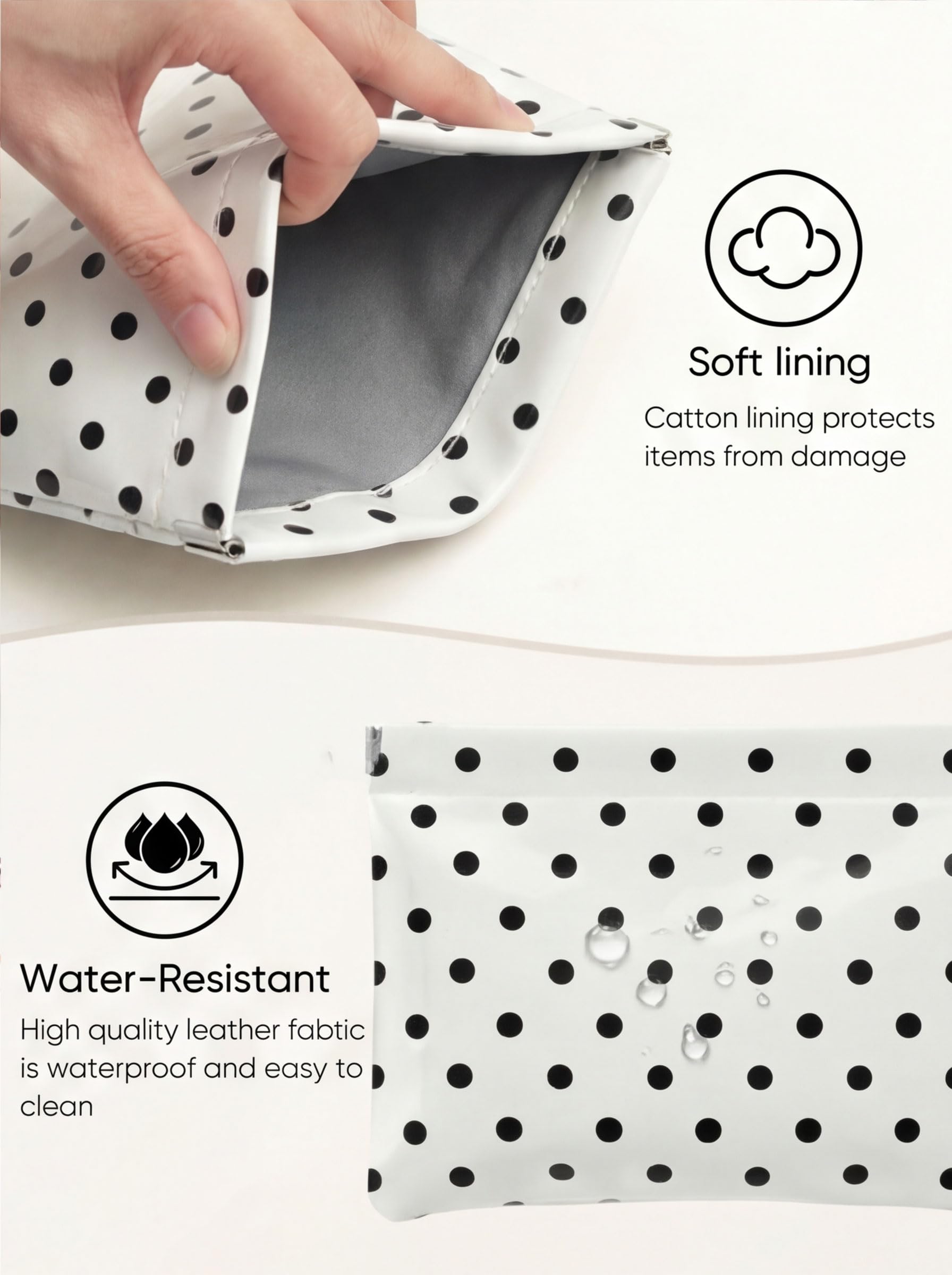 Ksriylm Dots Leather Makeup Pouch Set for Women Small Make Up Bag for Purse Waterproof Initial Makeup Cosmetic Bags Pouches for Purse Aesthetic Travel Toiletry Bag,White Black