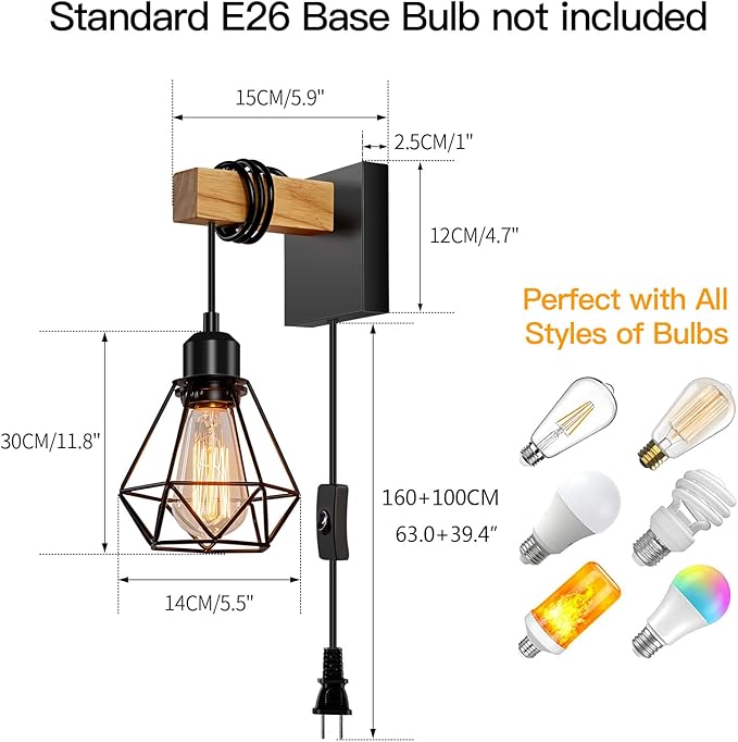 Plug in Wall Sconces Set of Two, Wall Sconce with 8.53FT Switched Power Cord, Rustic Vintage Wall Lights for Bedroom, Bathroom, Entryway, Living Room, Bedroom