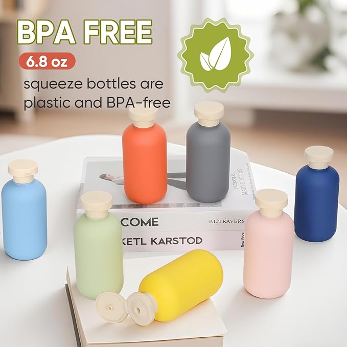 UMETASS 3 PACK Travel Shampoo Bottle, Empty Plastic Squeeze Bottles 6.8oz with Flip Cap, Lotion Container for Toiletries Travel Size Shampoo and Conditioner