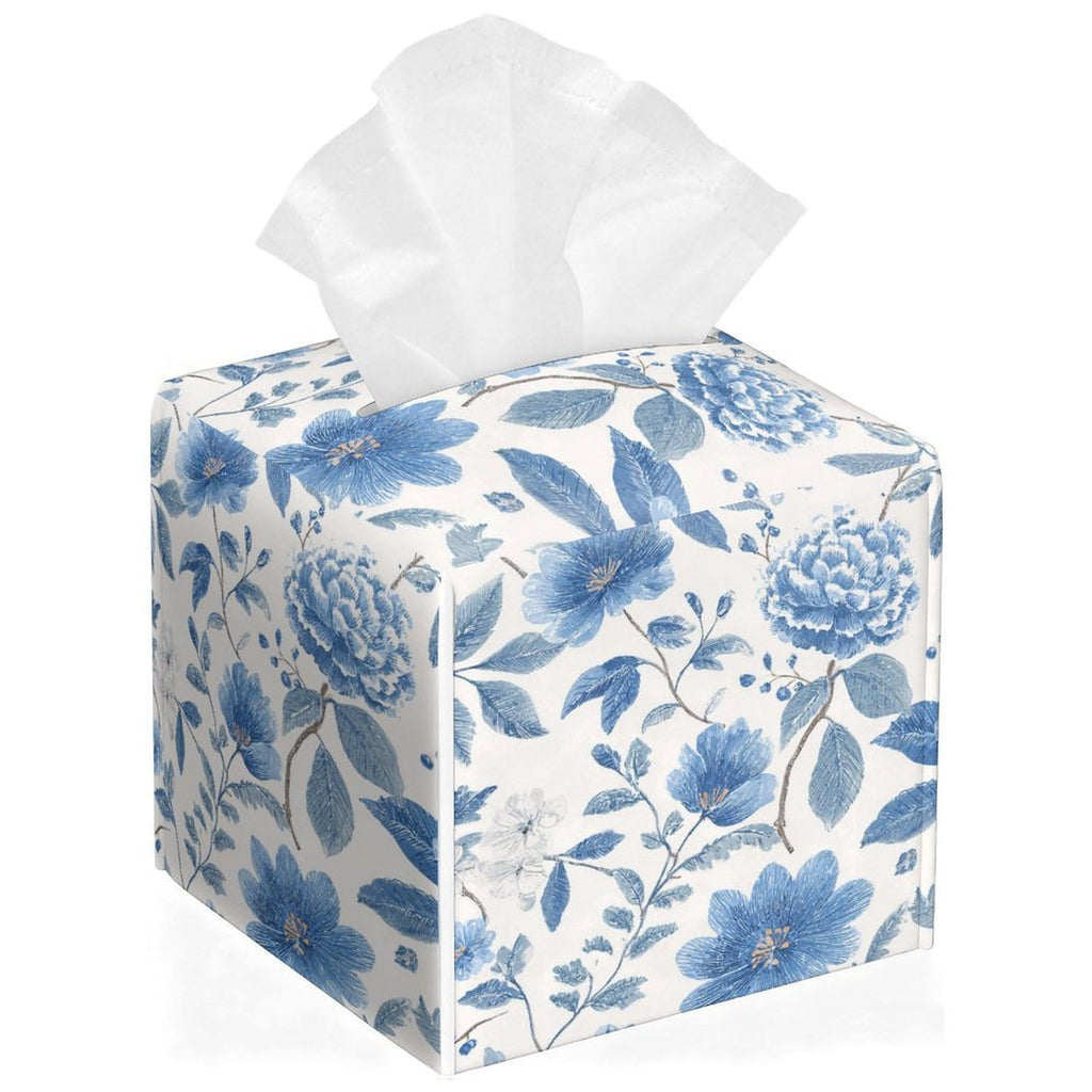 Floral Tissue Box Cover Blue Leather Tissue Box Holder Square Facial Paper Organizer Dispenser for Bathroom Kitchen Bedroom Vanity Countertop Night Stands