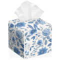 Floral Tissue Box Cover Blue Leather Tissue Box Holder Square Facial Paper Organizer Dispenser for Bathroom Kitchen Bedroom Vanity Countertop Night Stands
