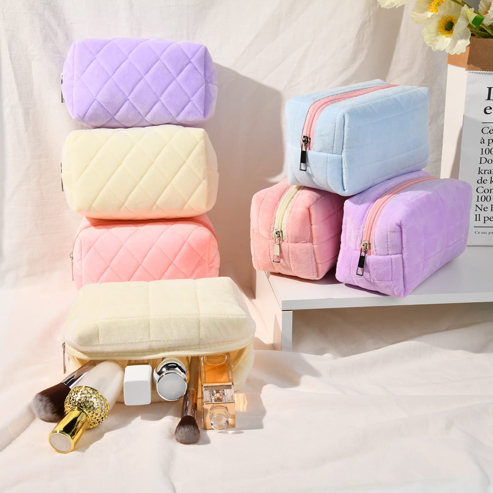 SOIDRAM Makeup Bag Plush Cosmetic Bag Cute Aesthetic Makeup Bag Blue Makeup Pouch Travel Toiletry Bag Organizer Soft Makeup Brushes Accessories Storage Bag for Women