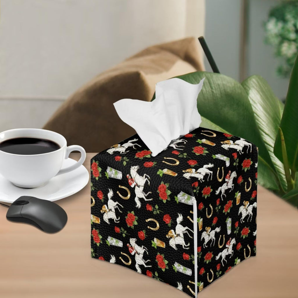 Pzuqiu Rose Racing Horse Decorative Tissue Box Cover, Waterproof PU Leather Square Holder with Metal Button, Protective Napkin Case for Bathroom Countertop, Office Desk, and Car Interior