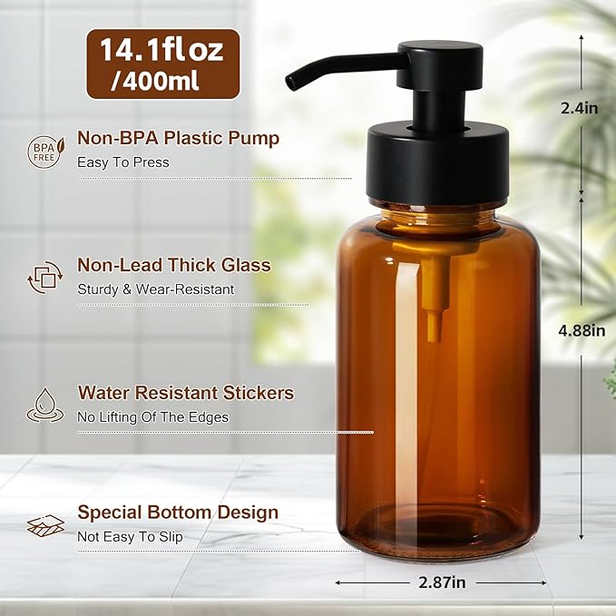 RACOBOT Amber Foam Soap Dispenser, 14.1 oz/400ml Foaming Hand Soap Dispenser, 2 Pack Glass Foaming Dispenser for Bathroom & Kitchen, Refillable Liquid Dispenser Bottle with Waterproof Labels