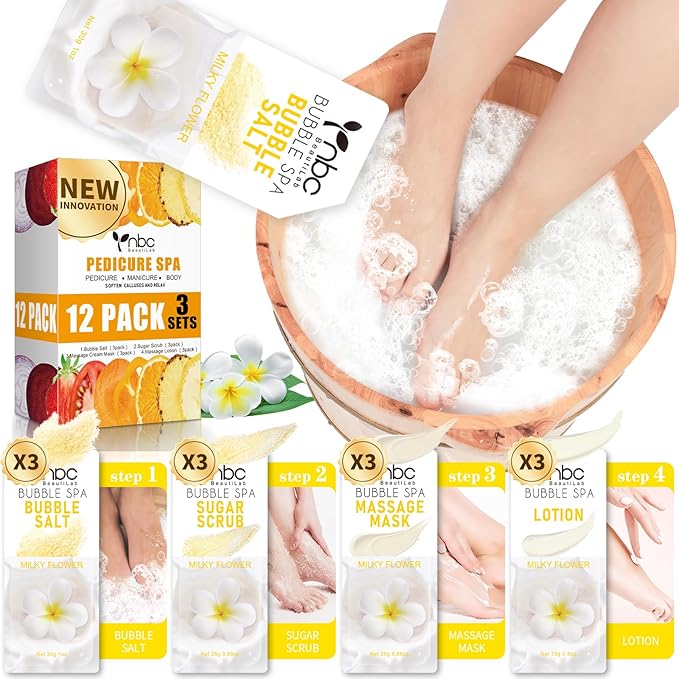 Pedicure Kit Foot Soak Set: Bubble Salt, Sugar Scrub, Massage Mask, Massage Lotion in a Box, 4 Step Foot Spa Kit for Dry Feet,Tired Feet (3 Set Milky Flower)