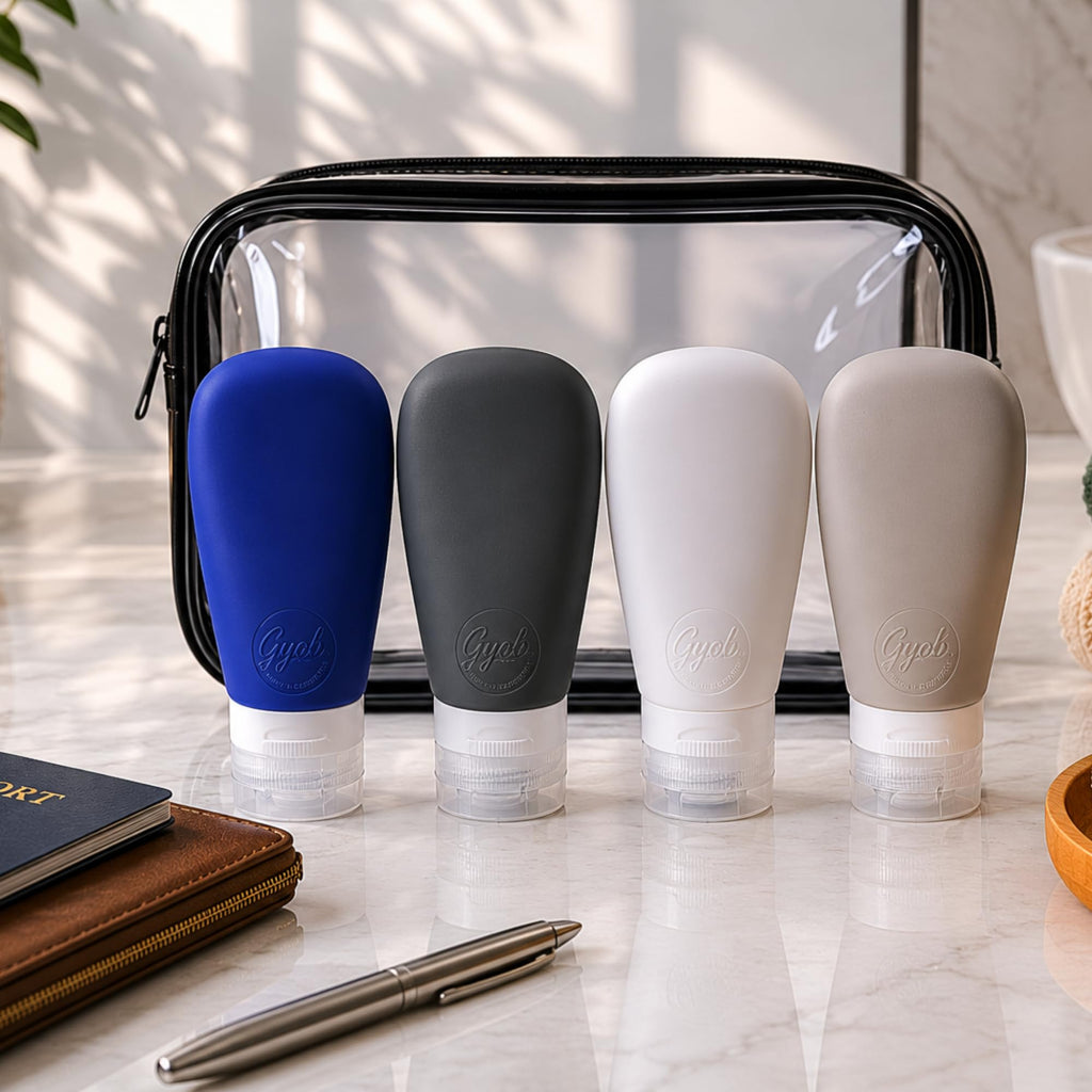 LYOB Travel Bottles for Toiletries, TSA Approved 3oz Leak Proof Silicone Refillable Squeeze Travel Size Containers BPA Free for Cleansers, Lotions, Shampoo, Conditioner 4pk With Bag(W,G,Blk,Bl)