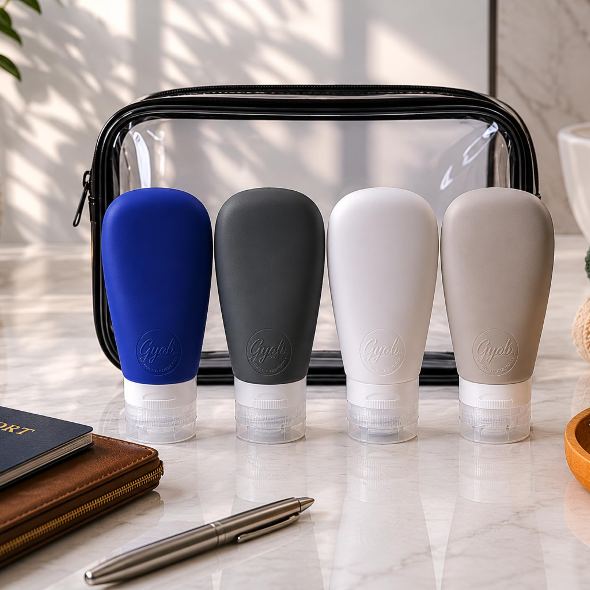 LYOB Travel Bottles for Toiletries, TSA Approved 3oz Leak Proof Silicone Refillable Squeeze Travel Size Containers BPA Free for Cleansers, Lotions, Shampoo, Conditioner 4pk With Bag(W,G,Blk,Bl)