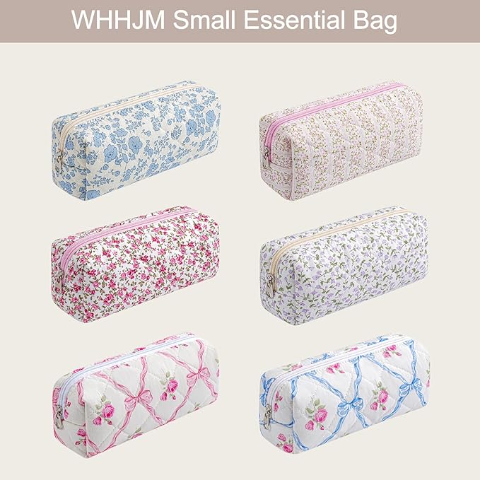 WHHJM Cute Floral Makeup Brush Bag Small Cotton Quilted Cosmetic Bag for Women Travel Toiletry Zipper Make Up Pouch (Red Floral)