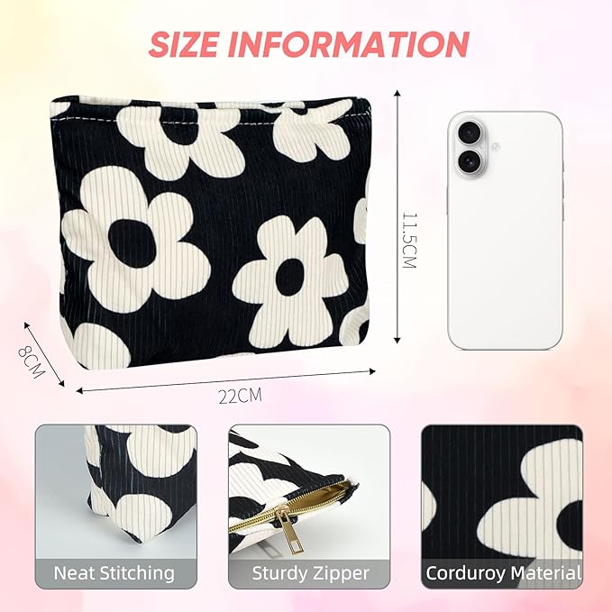 Ksriylm Cute Makeup Pouch for Women Flower Small Make Up Bag for Purse Zipper Initial Cosmetic Bags Pouches for Purse Aesthetic Travel Toiletrybags Gift,Black White Floral