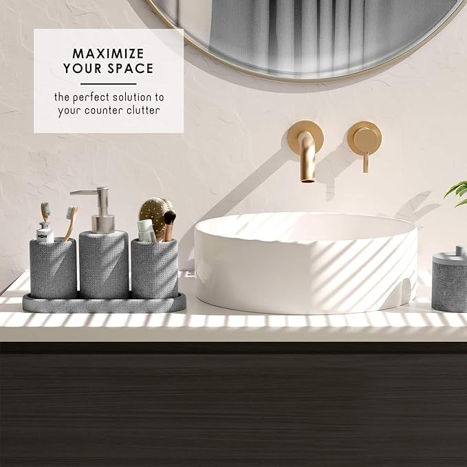 Clara Clark Bathroom Set - Grey Bathroom Accessories Set, 5PC Bathroom Accessory Set, Bathroom Sets with Soap Dispenser, Toothbrush Holder, Tumbler, Cotton Swab Jar & Vanity Tray