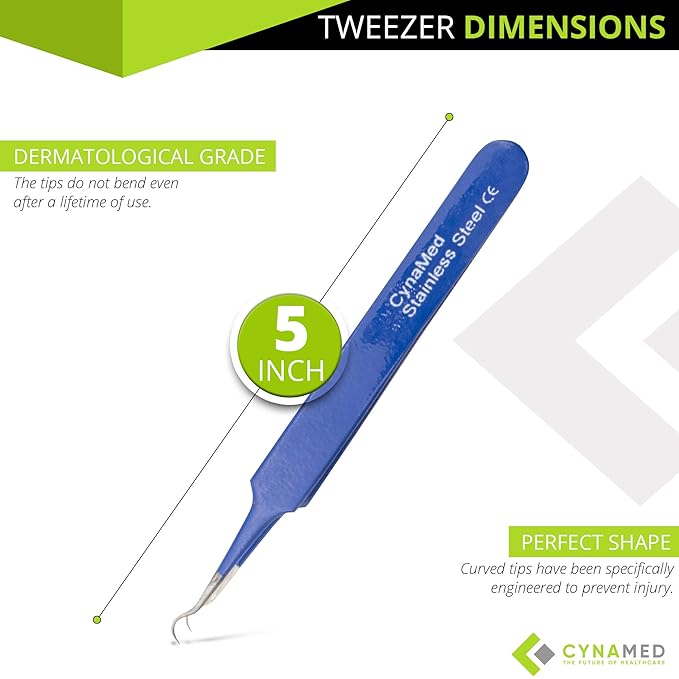 Blackhead Tweezer - Professional Curved Steel Tip Surgical Comedone & Splinter Extractor. Ideal Blemish & Acne Remover Tool Means Flawless Facial Skin (Blue)