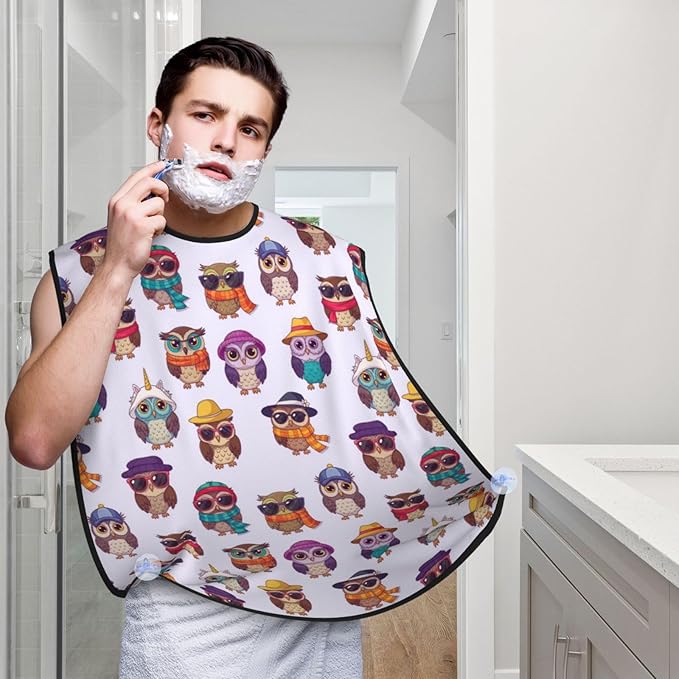 Strong Suction Cup Beard Grooming Bib, Non-Stick Hair Catcher, Waterproof, for Shaving, Cute Cartoon Owls
