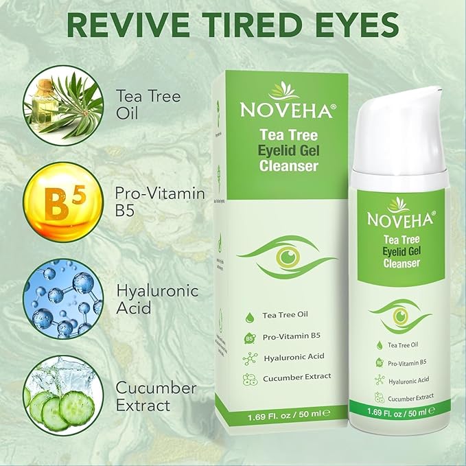NOVEHA Tea Tree Eyelid Gel Cleanser with Pro-Vitamin B5, Hyaluronic Acid & Cucumber Extract – Gentle Daily Cleansing for Eyelids & Lashes – Plant-Based Formula – 50mL (3 Pack)