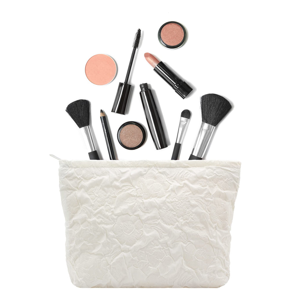 PAZIMIIK Makeup Bags for Purse Zipper Cosmetic Pouch Large Travel Canvas Make Up Organizer Tool Pouch for Women and Girls,Flower Ivory