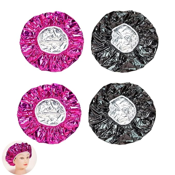 ArrErr 4 Pack Aluminum Foil Heat Cap Reusable Hair Streamer Deep Conditioning Caps Hair Processing Caps for Hydrating Argan Oil Hair Mask Deep Conditioner Perm Coloring Dye Damaged Hair Color-Treated