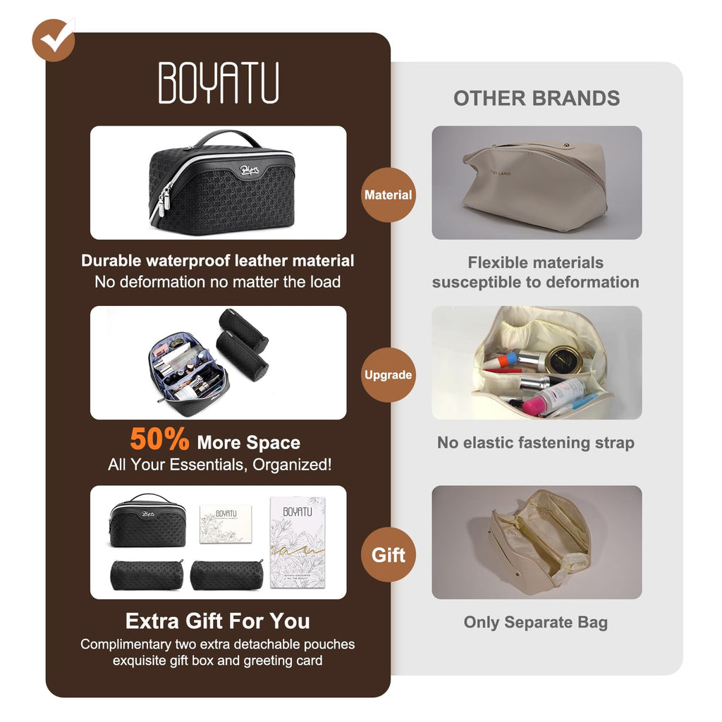 BOYATU Travel Makeup Bag Cosmetic Bags for Women: Large Capacity 3 Pcs Set Make up Bag with Compartments - Waterproof Vegan Leather Toiletry Organizer Bags with Handle (M-71Black)
