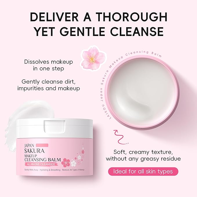 MIESCHER Sakura Makeup Cleansing Balm, Hydrating & Smoothing All-In-One Cleanser Quickly Melts Away, Gently Cleanse Dirt, Impurities And Makeup Face Cleanser & Makeup Remover for Women Girls, 3.53oz.