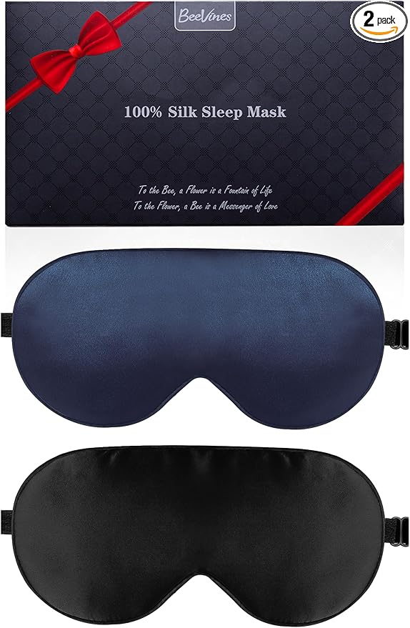 BeeVines 100% Real Mulberry Silk 2 Pack Sleep Mask, Pure Silk Eye Masks with Adjustable Strap for Sleeping, Block Light Eye Sleep Shade Cover, Reduces Puffy Eyes Traveling Gifts(Black & Blue)