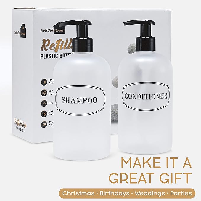 Bottiful Home 16 oz Plastic Shampoo Conditioner Dispensers (Frosted Clear)