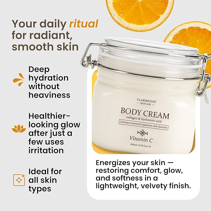 Clarimond Vitamin C Body Lotion w/Hyaluronic Acid & Collagen Peptides - Brightening Hydrating Moisturizer Non-Greasy for Dry, Sensitive Skin - Firming Tightening Body Cream