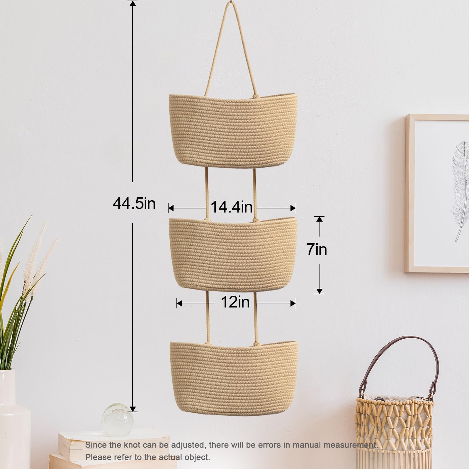 TeoKJ Over the Door Hanging Basket, 3-Tier Woven Cotton Wall-Mounted Storage Organizer Bag Decorative Hanging Nursery Baskets, Jute