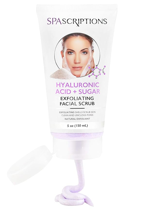 SpaScriptions Hyaluronic Acid Exfoliating Facial Scrub with Sugar Hydrating Face Scrub and Deep Cleansing Polish with Natural Walnut Shells for Dry Skin Dull Texture Blackheads and Pores - 5 oz