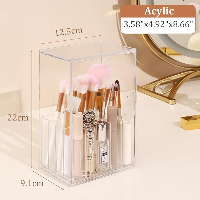 LOHRYVIO Acrylic Makeup Brush Holder with Slanted Flip-Top Lid - Clear Dustproof Cosmetic Make up Brush Organizer and Storage Box - Large Capacity 17-Slots Container for Vanity Brushes (Transparent)