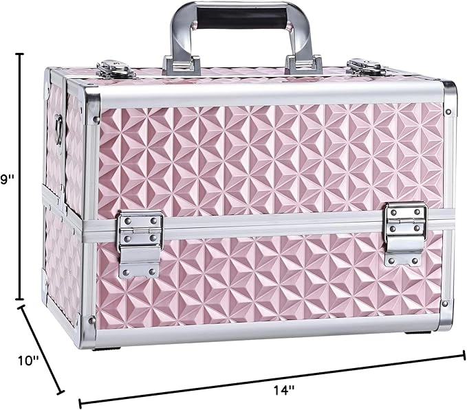 Joligrace Makeup Train Case Professional Cosmetic Organizer Aluminum Storage Box with 4 Adjustable Dividers Trays Lockable Portablewith Shoulder Strap - Neutral Pink
