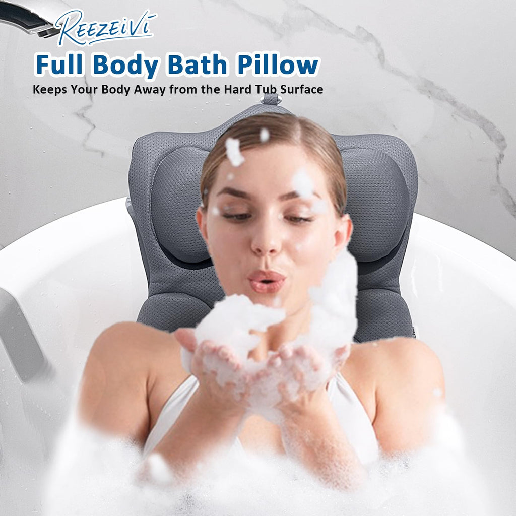 REEZEIVI Full Body Bath Pillow,Thick Bathtub Cushion with Laundry Bag,Bath Pillow with 13 Non-Slip Suction Cups,Soft 3D Mesh Fabric,Bathtub Cushion for Headrest Neck and Back Support (Gray)