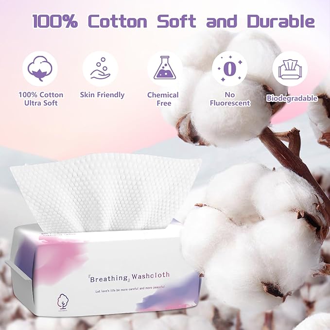 Disposable Face Towel 100 Count, Soft Cotton Face Towels, Dry Wipes Facial Cloths Towelettes for Washing and Drying, Lint Free Facial Tissue for Skincare, Makeup Remover and Cleansing