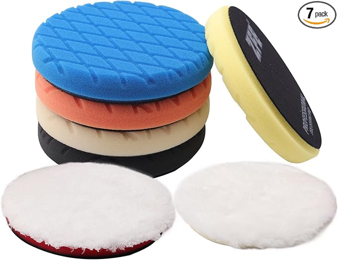 Buffing Polishing Pads, ZFE 7Pcs 6"(150mm) Waffle Foam Buffing Pads Polishing Pads Wool Pad Kit for 6Inch Backing Plate RO/DA/GA Car Polisher Boat Compounding, Polishing and Waxing