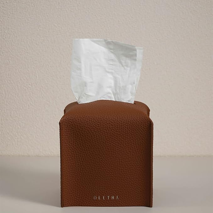OLETHA Square Tissue Box Cover - Aesthetic Desk Decor for Room, Home & Office - Tissues Cube Boxes Holder - Brown