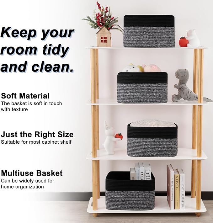 SIXDOVE 4 Pack Storage Baskets for Organizing, Woven Baskets for Shelves - Perfect for Toys, Books, Towels, and Clothes, Durable Gift Basket Bins Toy Storage, 12.7''Lx9''Wx7.8''H, Dark Grey and Black